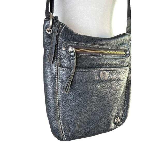 THE SAK Pebbled Genuine Leather‎ Black Crossbody Bag Zip Medium Sized - Picture 4 of 13